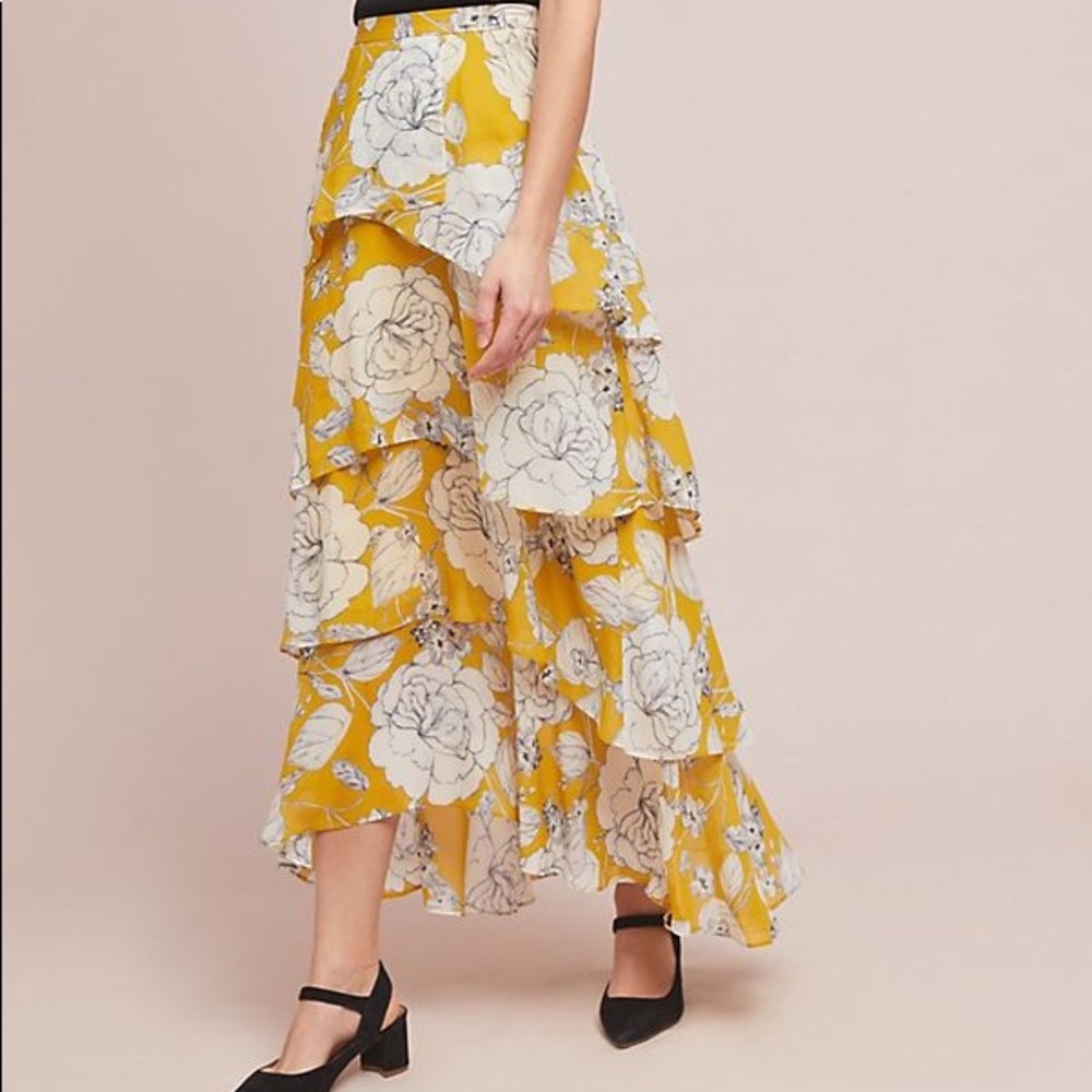 Anthropologie Yellow floral tiered maxi skirt
